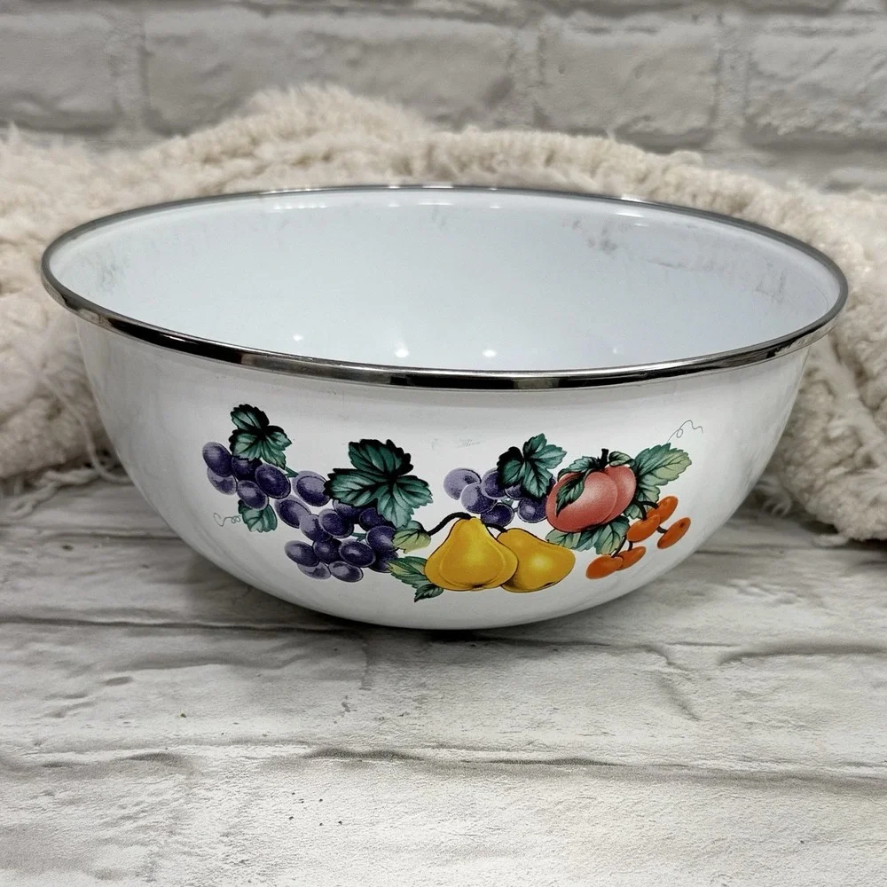 Vtg GMI Garden Harvest Fruit Enamelware Nesting Bowls Set Of 3 Country Farmhouse
